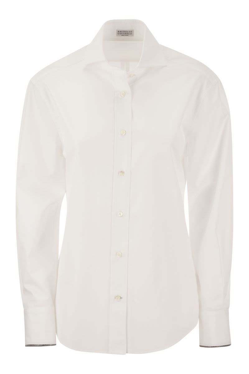 BRUNELLO CUCINELLI White Stretch Cotton Poplin Shirt with Metallic Trim for Women