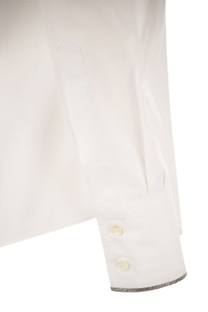 BRUNELLO CUCINELLI White Stretch Cotton Poplin Shirt with Metallic Trim for Women