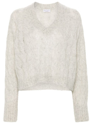 BRUNELLO CUCINELLI Light Grey Cable Knit V-Neck Sweater for Women