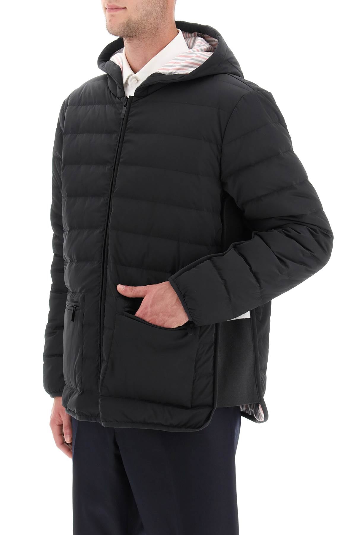 THOM BROWNE Hooded Down Jacket with Contrast Side Stripes (Sizes 44IT - 56IT)