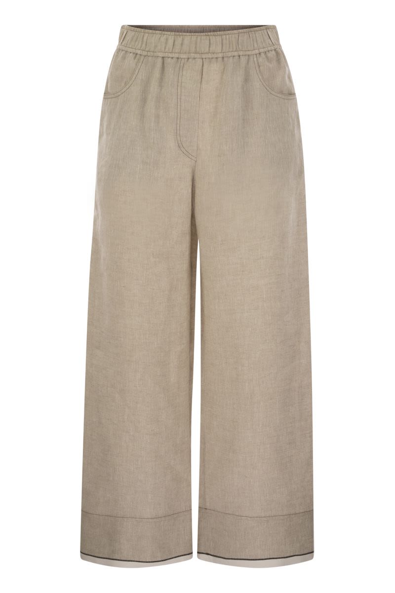 BRUNELLO CUCINELLI Baggy Crop Linen Trousers with Shiny Cuffs