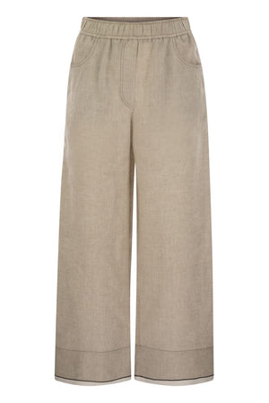 BRUNELLO CUCINELLI Baggy Crop Linen Trousers with Shiny Cuffs