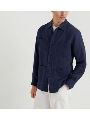 BRUNELLO CUCINELLI Men's Linen Shirt with Button Front and Patch Pockets