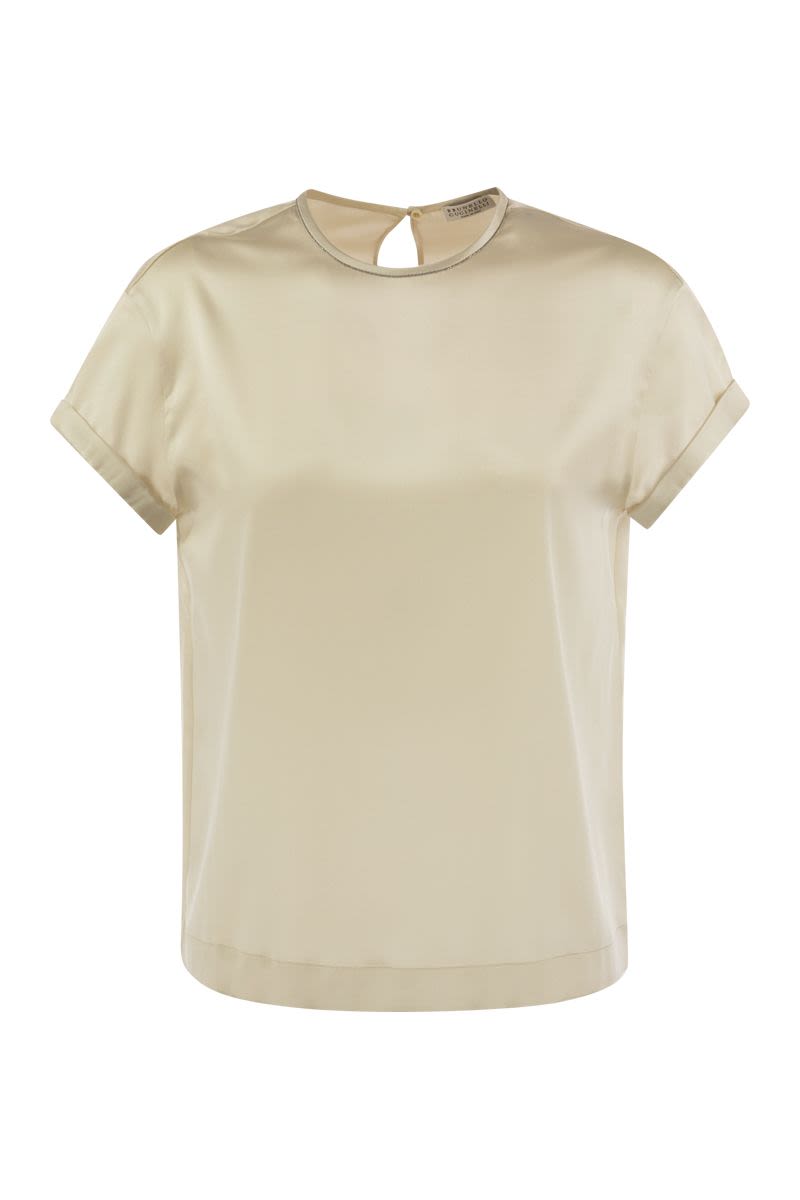 BRUNELLO CUCINELLI Elegant Stretch Silk Satin T-Shirt with Jewel Accent