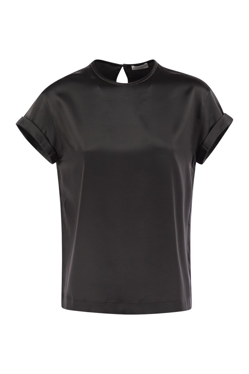 BRUNELLO CUCINELLI Elegant Stretch Silk Satin T-Shirt with Jewel Accent