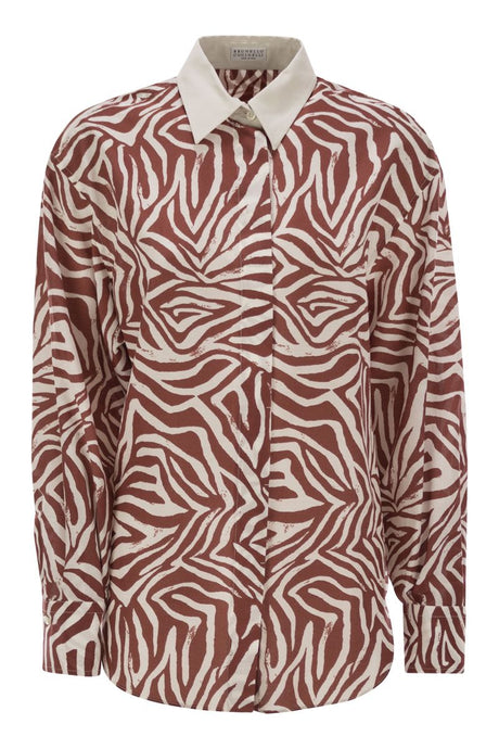 BRUNELLO CUCINELLI Ethnic Print Cotton-Silk Poplin Shirt