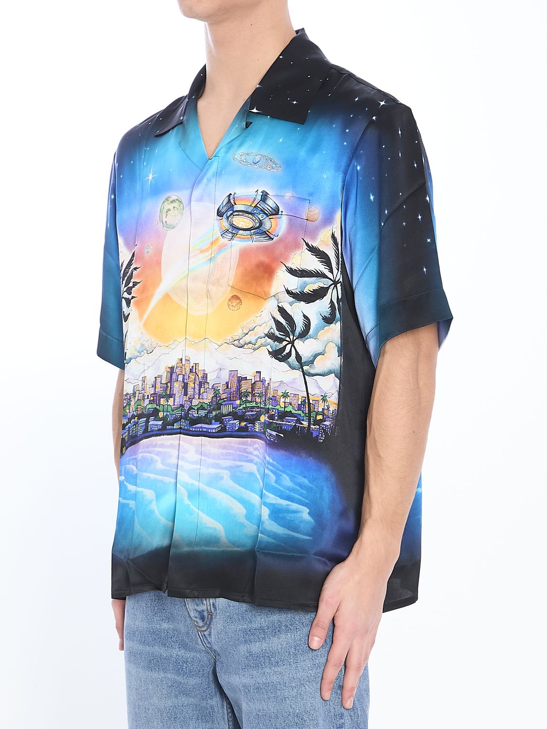 CASABLANCA Short-Sleeve Sci-Fi Print Satin Silk Shirt - Size L