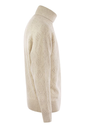 BRUNELLO CUCINELLI WHITE INTARSIA KNIT ROLL NECK SWEATER