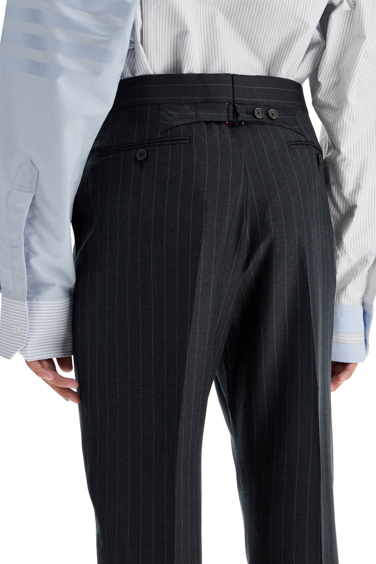 THOM BROWNE Elegant Striped Wool Trousers with Adjustable Back Strap