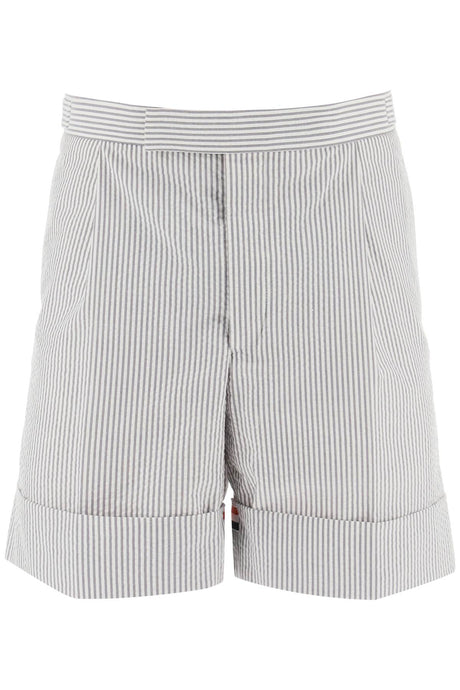 THOM BROWNE Men's Seersucker Single-Pleat Shorts with Tricolor Details for SS23