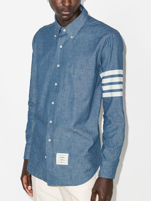 THOM BROWNE Grey 4 Bar Straight Fit Chambray Shirt