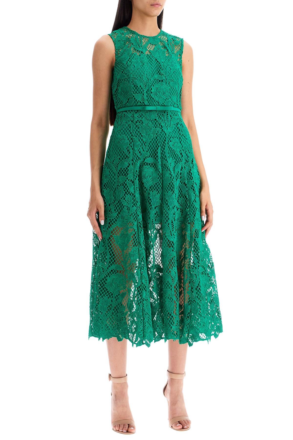 SELF-PORTRAIT Elegant Floral Lace Midi Dress with Removable Belt