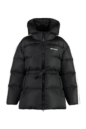 PALM ANGELS Hooded Tech Fabric Down Jacket with Contrast Stripes