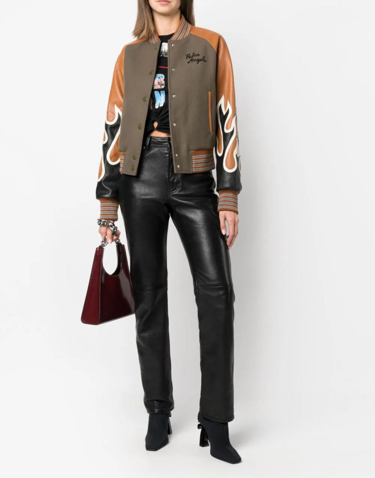 PALM ANGELS Burning Flames Leather Varsity Jacket for Women - FW24 Collection