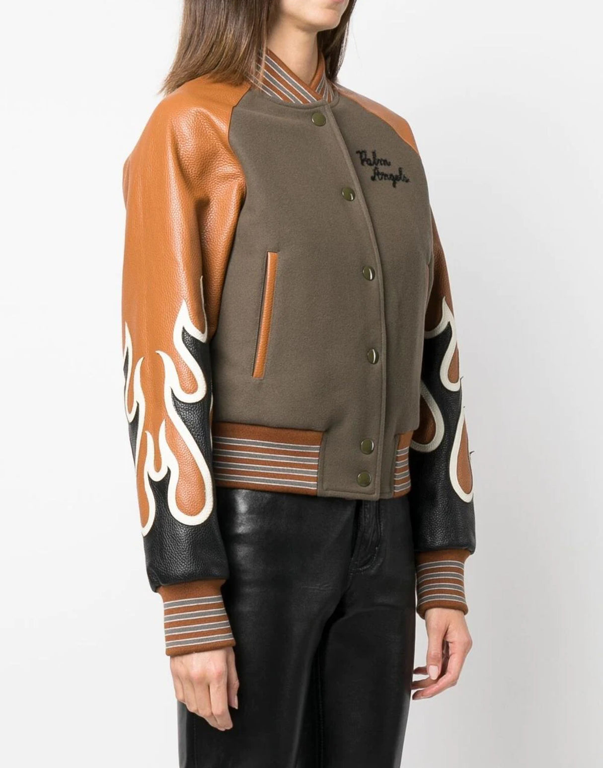 PALM ANGELS Burning Flames Leather Varsity Jacket for Women - FW24 Collection