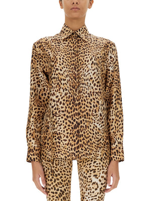 ROBERTO CAVALLI Ocelot Print Silk Shirt with Pointed Collar