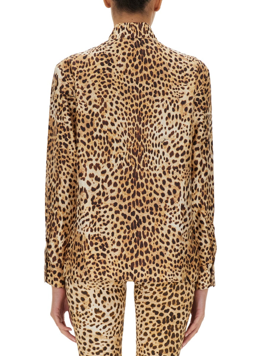 ROBERTO CAVALLI Ocelot Print Silk Shirt with Pointed Collar