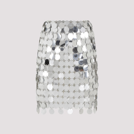 RABANNE Asymmetric Hem Metallic Silver Mini Skirt