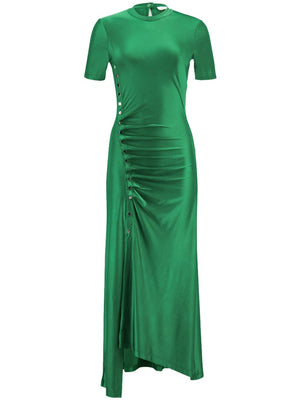 RABANNE Fitted Long Dress with Asymmetric Hem and Buttons