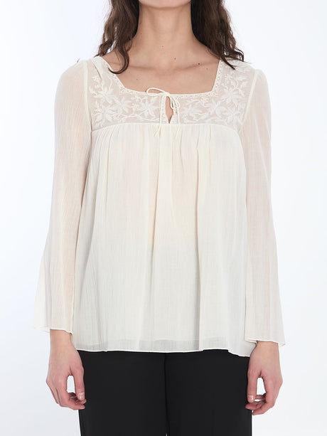 CELINE Embroidered Square Neck Blouse - Size S