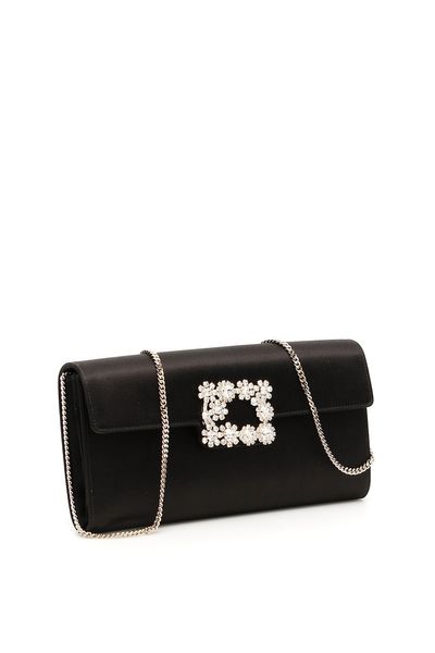 ROGER VIVIER Mini Satin Clutch Handbag with Crystal Buckle and Metal Chain