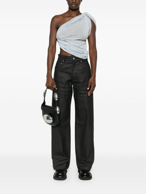 RICK OWENS Coated Denim Pants with Extended Lapels and Multiple Pockets