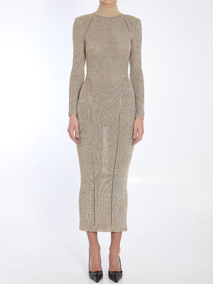 SELF-PORTRAIT Knit Maxi Dress with High Neck and Shoulder Pads - Size S