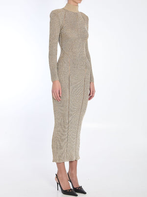 SELF-PORTRAIT Knit Maxi Dress with High Neck and Shoulder Pads - Size S