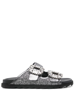 ROGER VIVIER Chic Double-Strap Crystal Buckle Sandals