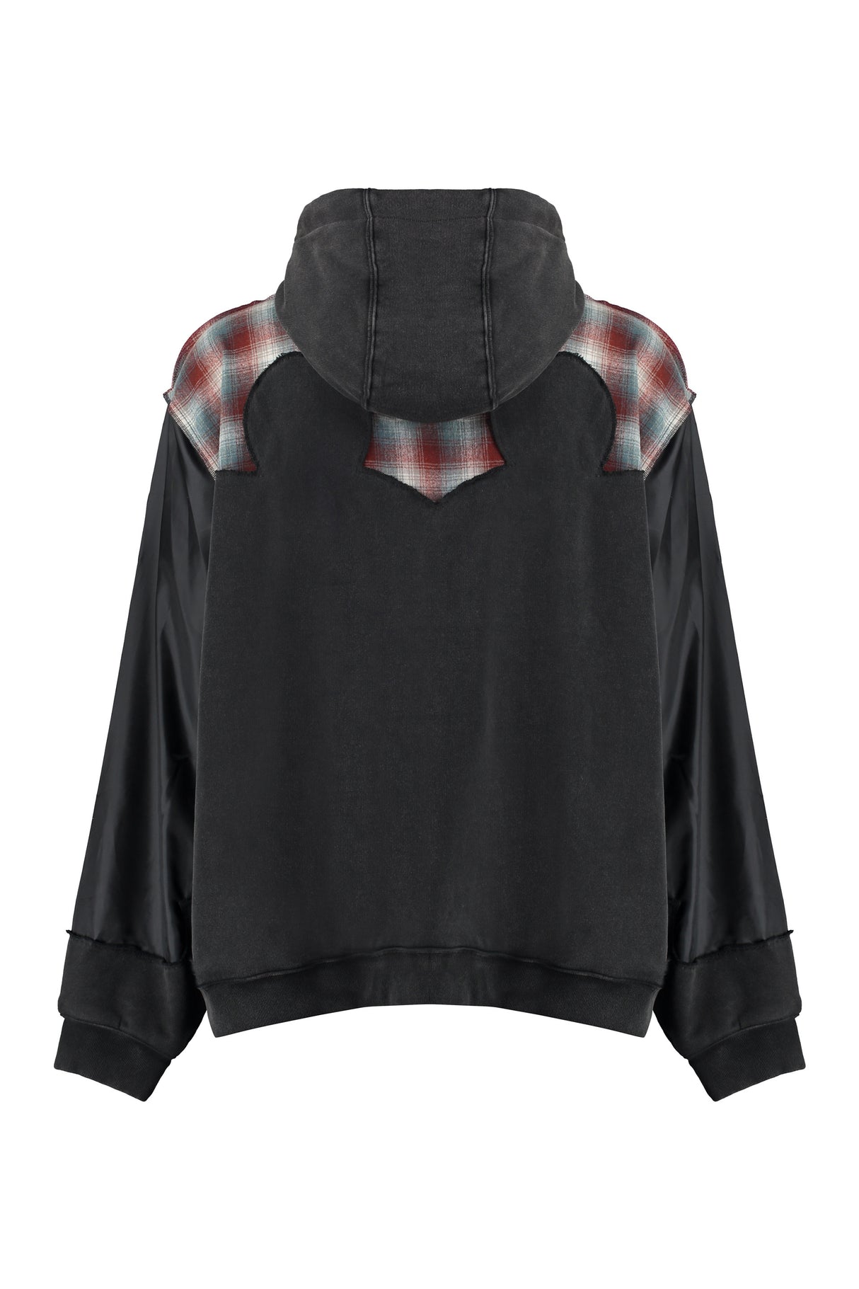 MAISON MARGIELA Men's Black Zip-Up Hoodie with Wool Yoke, Contrast Sleeves, and Ribbed Edges