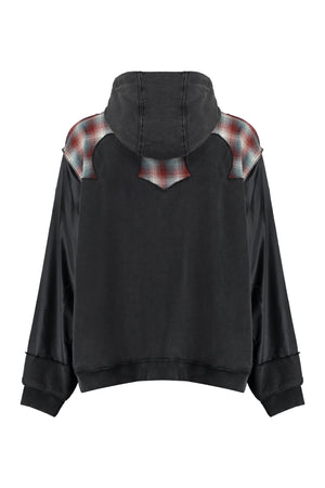 MAISON MARGIELA Men's Black Zip-Up Hoodie with Wool Yoke, Contrast Sleeves, and Ribbed Edges