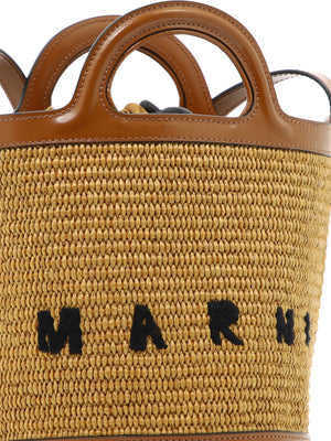 MARNI 茶色のストロー製ミニトートバッグ、レザーハンドルと調節可能なショルダーストラップ付き