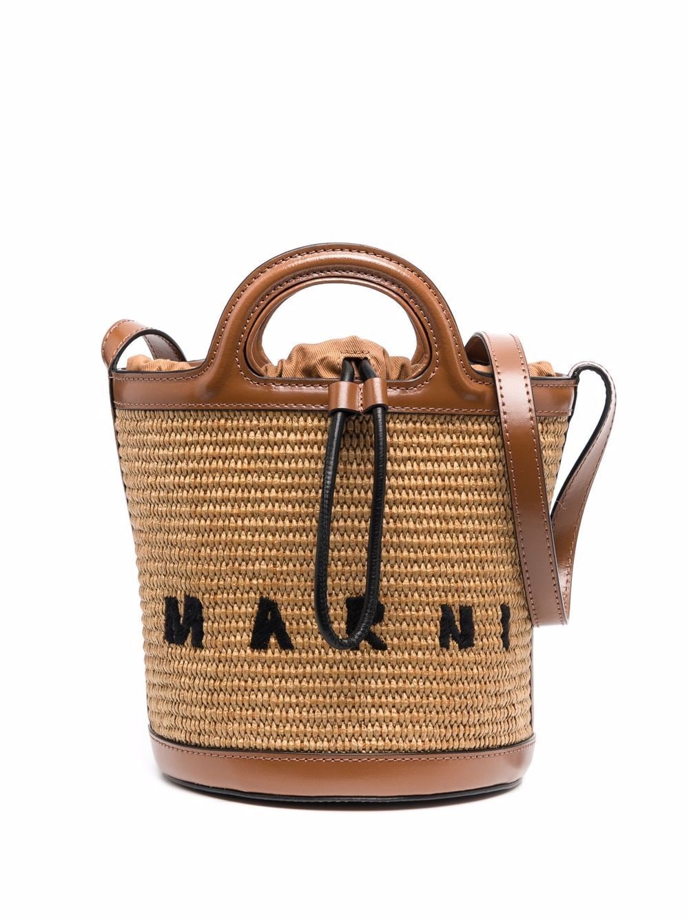 MARNI 茶色のストロー製ミニトートバッグ、レザーハンドルと調節可能なショルダーストラップ付き