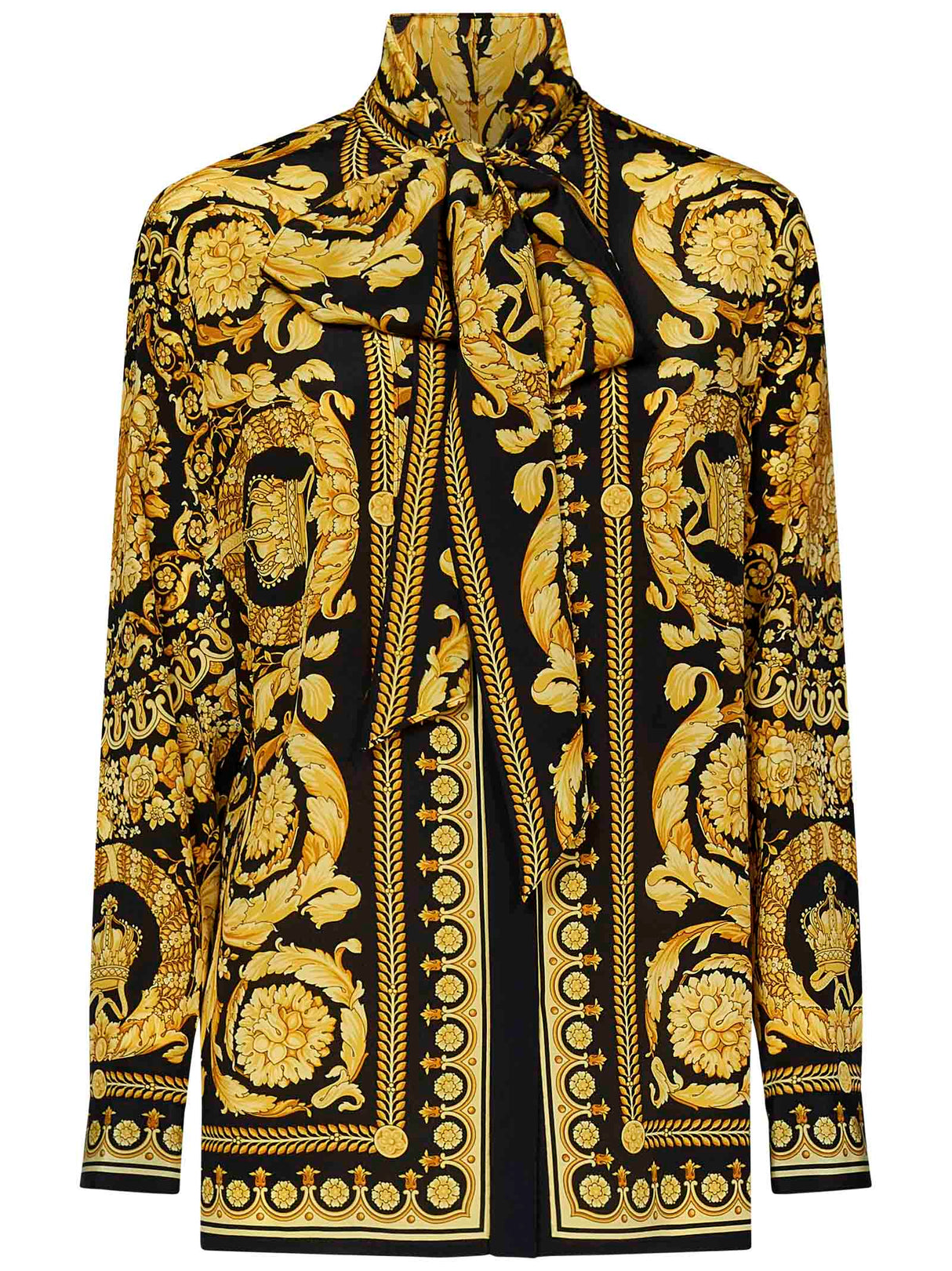 VERSACE Silk Baroque Print Shirt with Lavallière Collar