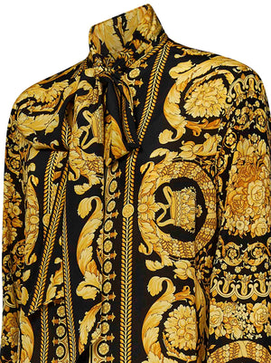 VERSACE Silk Baroque Print Shirt with Lavallière Collar