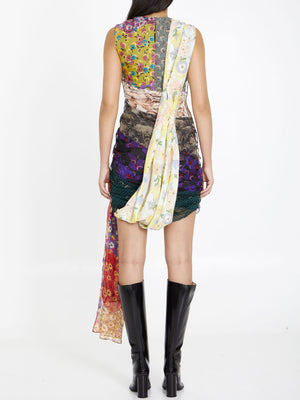 MARINE SERRE Patchwork Silk Dress with Draped Design and Invisible Zipper Closure