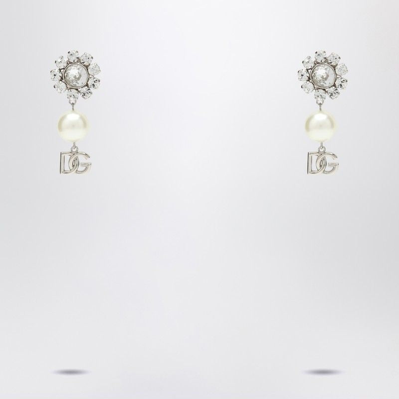 DOLCE & GABBANA Pearl & Silver Logo Pendant Earrings