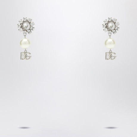 DOLCE & GABBANA Pearl & Silver Logo Pendant Earrings