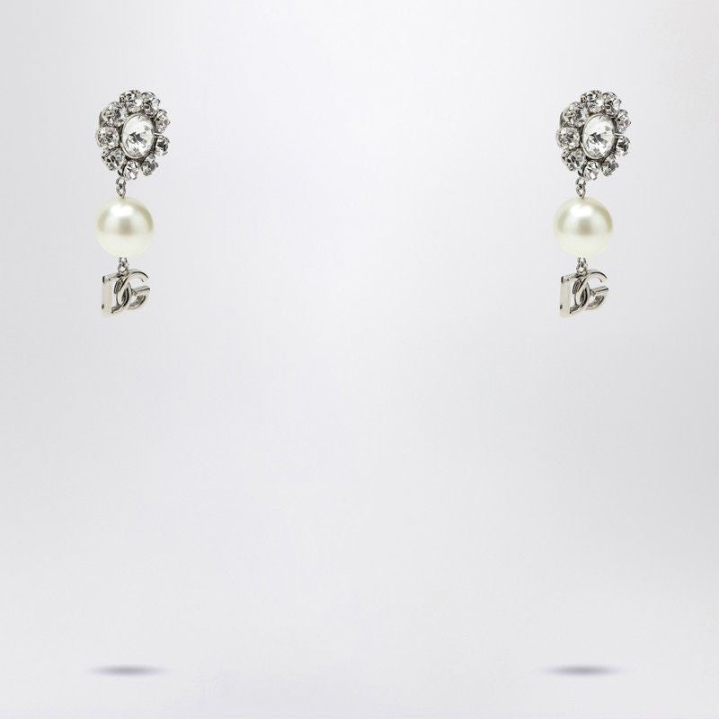 DOLCE & GABBANA Pearl & Silver Logo Pendant Earrings