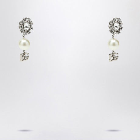 DOLCE & GABBANA Pearl & Silver Logo Pendant Earrings