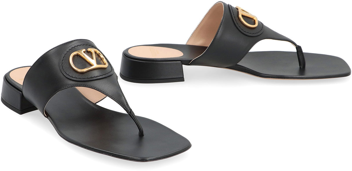 VALENTINO Signature Leather Slide Sandals - Square Toe