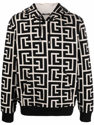 BALMAIN Men's Ivory and Black Monogram Cut Hoodie for SS22