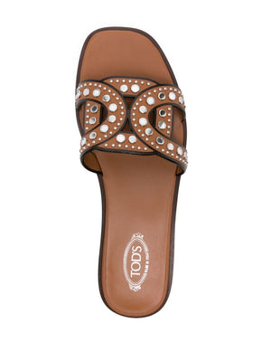 TOD'S Leather Flat Sandals with Stud Detailing