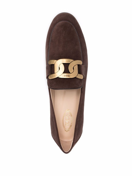 TOD'S Almond Toe Chain-Plaque Suede Loafers