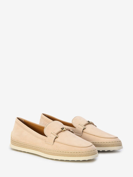 TOD'S Nude Suede Loafers with Raffia Insert and Double T Ring - Size ITA