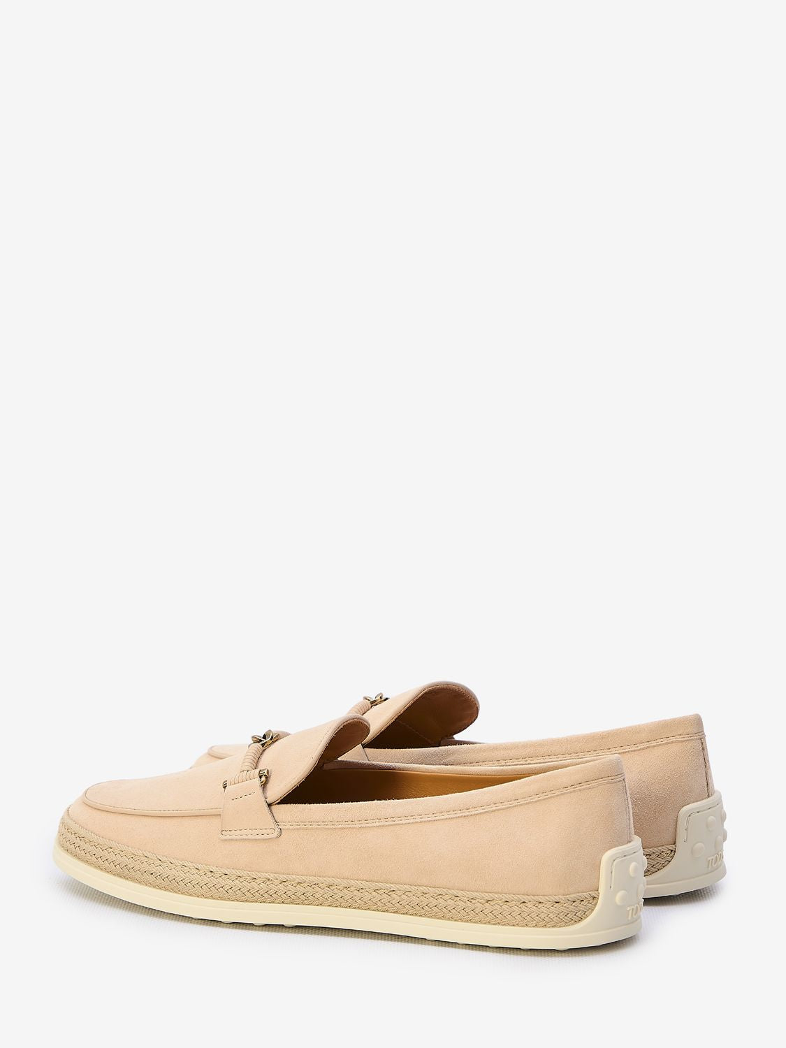 TOD'S Nude Suede Loafers with Raffia Insert and Double T Ring - Size ITA