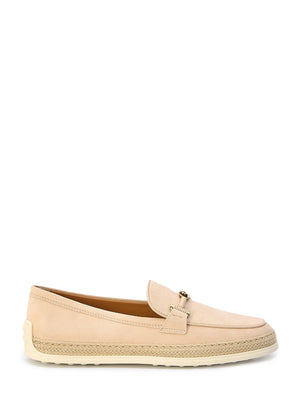 TOD'S Nude Suede Loafers with Raffia Insert and Double T Ring - Size ITA