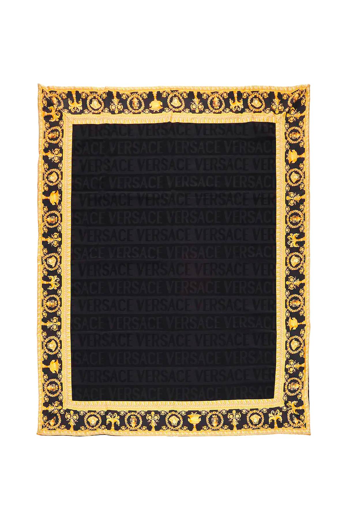 VERSACE Luxurious Wool Blanket with All-Over Logo Print and Golden Silk Edges