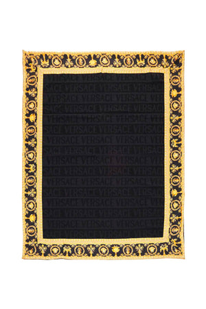 VERSACE Luxurious Wool Blanket with All-Over Logo Print and Golden Silk Edges